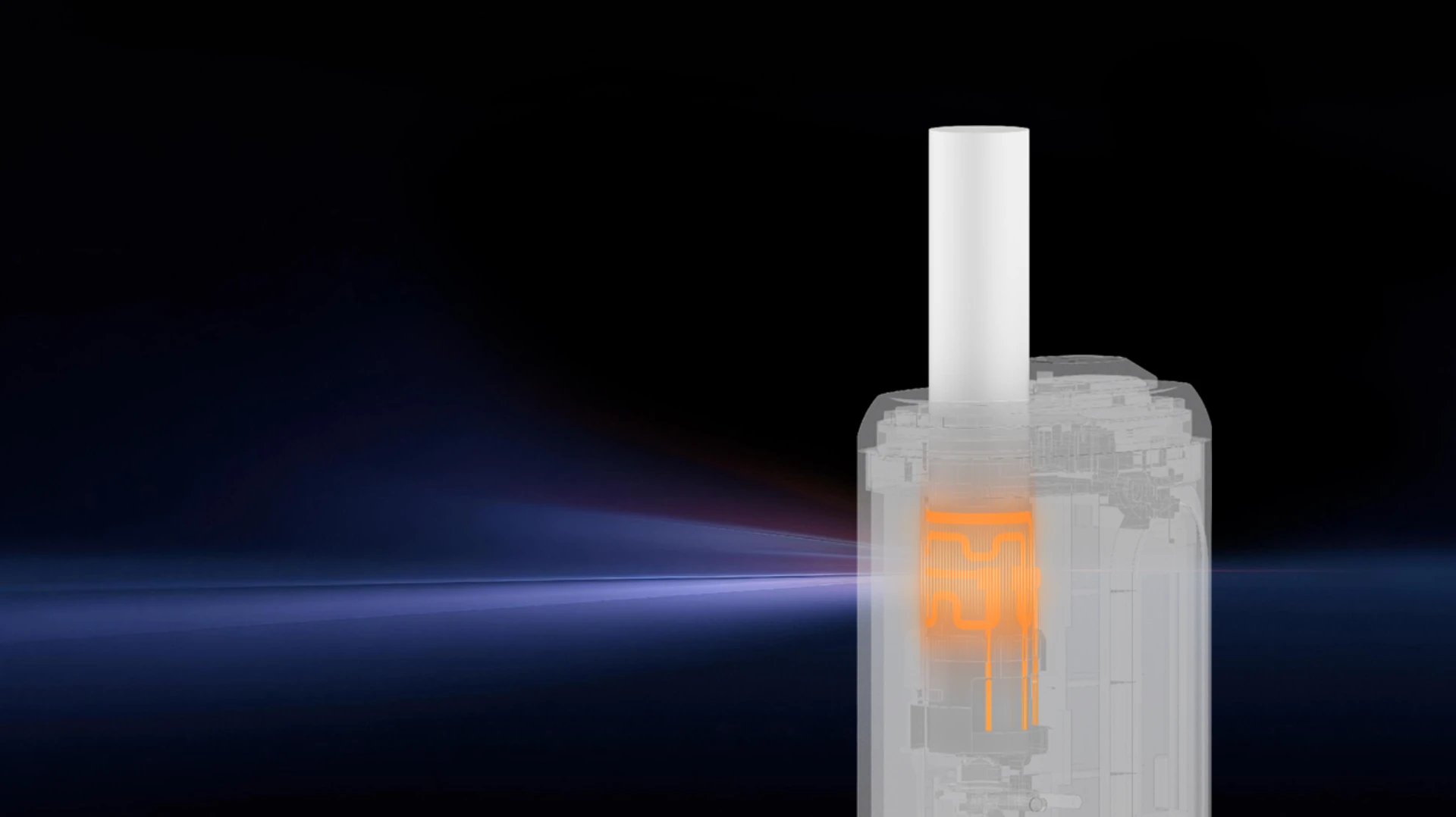 Cutaway view of the iRod Magic Pro showing the circumferential heating element glowing around a Celare stick
