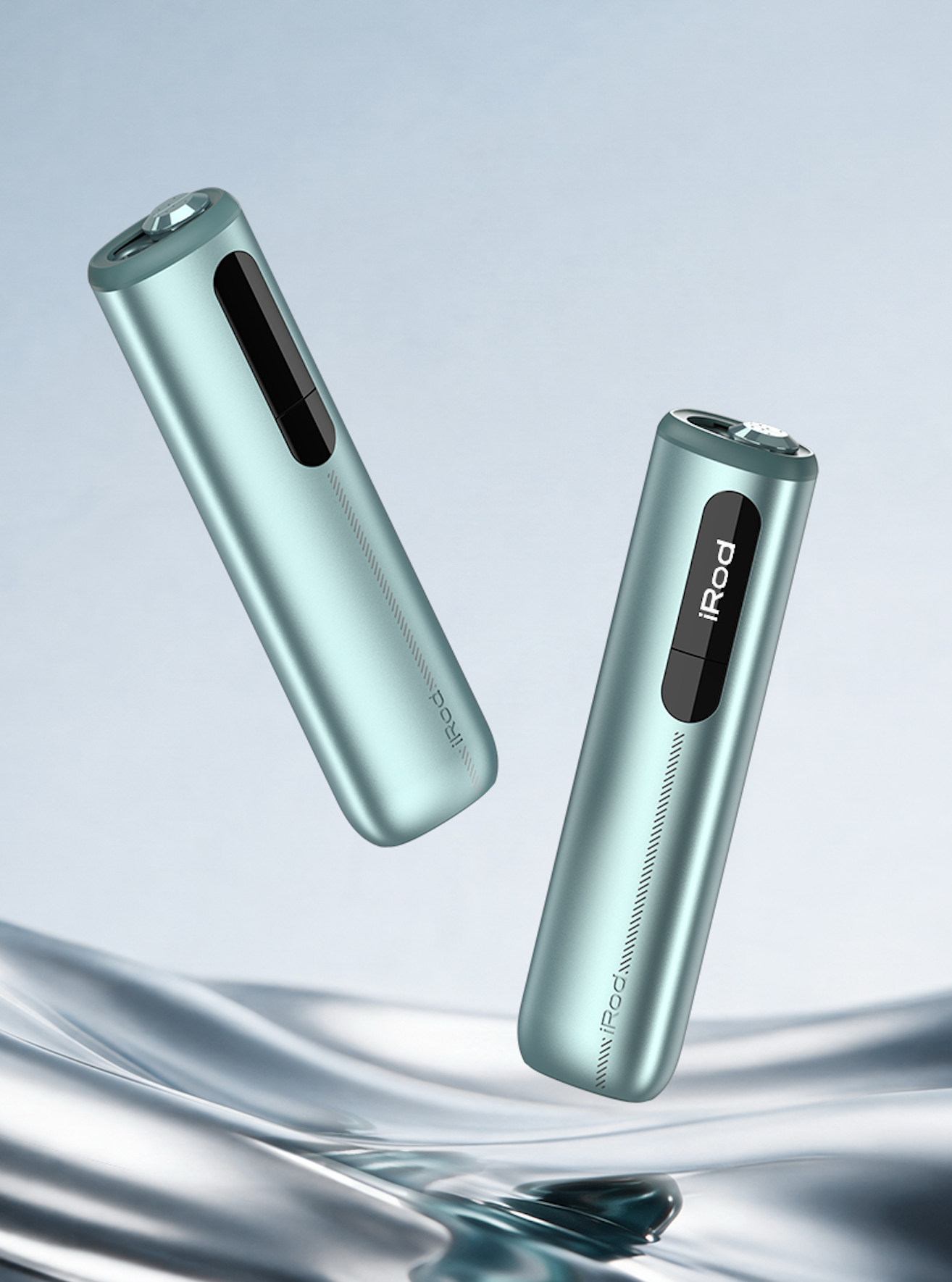 iRod Magic Pro in Mist Teal, two devices shown above rippling water