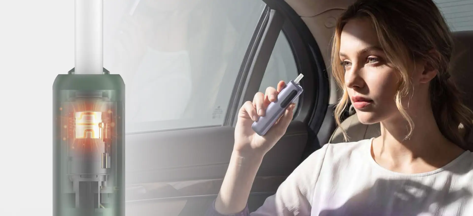 iRod Magic Pro in Lilac held in hand, shown alongside a cutaway of its heating chamber